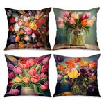 Tucocoo Decorative Cushion Covers with Tulip Vase 45 x 45 cm, Set of 4, Retro Bloom, Colorful Vintage Flowers, Modern Decoration for Couch, Bed, Car, Patio, Furniture, Bench, Sofa, Cushion Cover