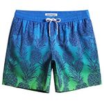 MaaMgic Mens Swimming Shorts Quick Dry 4 Way Stretch Swim Trunks Mesh Lining Swimwear Bathing Suits,Pineapple-Blue Green,XL