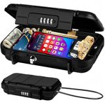 Portable Safe Lock Box with 4 Digit Combination Lock, Steel Cable & Handle, Mini Locker for Money, Phone, Passport & Jewellery, Anti Theft Travel Security Cash Box (Black)