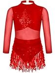 XUNZOO Kid Girls Sequin Tassel Latin Dance Dress Jazz Salsa Tango Samba Rumba Dance Costume Dancewear Red 14 Years