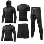 BUYJYA 5Pcs Men's Compression Pants Shirt Top Long Sleeve Jacket Athletic Sets Gym Clothing Mens Workout