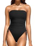 Yonique Women Strapless One Piece Swimsuit Tummy Control Bandeau Bathing Suit Cheeky Swimwear, Pure Black, Large