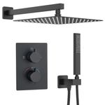 Iriber Thermostatic Shower System Wall Mount with 12 Inch Rainfall Shower Head and Handheld Bathroom Shower Set Contain Shower Faucet Mixer Valve Trim Kit (Valve Included),Mattle Black