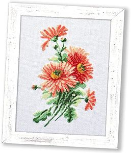 Povitrulya Counted Cross Stitch Kit ‘Coral Aster’ - DIY Hand Embroidery Set with Flower Paper Counted Pattern, Pre-Sorted Floss and 16 Count Aida Fabric