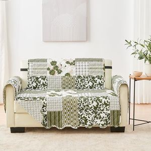 Great Bay Home Reversible Patchwork Loveseat Cover - Washable Slipcover Furniture Protector with Elastic Straps - Couch Cover for Dogs, Kids, and Pets - Box-Stitched Detail (Loveseat, Olive/Brown)