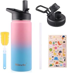 18oz Stainless Steel Sports Water Bottle for Kids - Vacuum Insulated with 2 Lids, Straw & Cleaning Brush - Wide Mouth & Handle for Travel and Outdoors - Pink Gradient