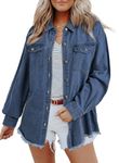 Dokotoo Womens Boyfriend Oversized Lapel Button Up Long Sleeve Denim Trucker Jacket Ripped Denim Jackets Distressed Jean Jacket for Women with Pockets Fall Clothes Women Trendy 2024 Sky Blue XL