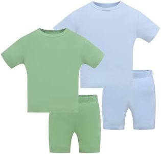 JunNeng Bamboo Viscose Toddler Pajamas,Baby Boy Girl Solid Snug Fit Short Sleeve Summer Sleepwear PJS,Green+Blue 4-5T
