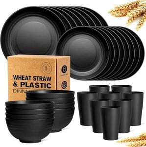 HOMIEST 32-Piece Kitchen Plastic Wheat Straw Dinnerware Set, Service for 8, Dinner Plates, Dessert Plate, Cereal Bowls, Cups, Unbreakable Colorful Plastic Outdoor Camping Dishes, Black Matte