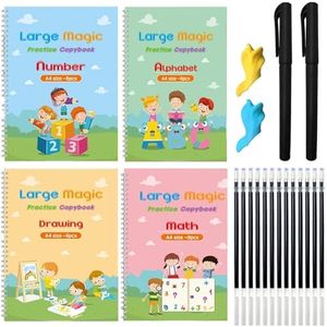 Large Magic Practice Copybook for Kids,Handwriting Practice Book 4 Pack with Pen Refill English Cursive Calligraphy Reusable Age 3-8 ，11.4x8.3Inch (4pc+2 Pen)