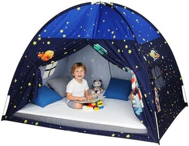 Full Bed Tent Canopy, Space Indoor Blackout Privacy Toddler Bed Tent for Kids with Light, Portable Sleeping Floor Kids Playhouse (Blue, Full Size)