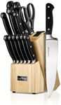 13 Piece Kitchen Knife Set - German Stainless Steel Kitchen Precision Knives Set w/ 6 Steak Knives & Bonus Scissors, Wooden Block Stand w/Sharpener - Slicing, Chopping, Dicing - NCKNS13