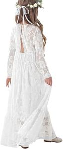 ALLOVIN Long Sleeve Boho Lace Flower Girl Dress, A-Line Ruffle Wedding Baptism Party Dress for Girls 3-12 Years | White | 11-12Y