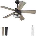 YOUKAIN Farmhouse Ceiling Fans, 48 Inch Industrial Ceiling Fan with Light and Remote Control, Clear Glass, 5-Reversible Blades with Matte Black/Wooden Finish