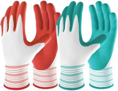 LOVJOYSE Gardening Gloves for Women Ladies, 2 Pairs Breathable Rubber Coated Yard Garden Gloves, Outdoor Protective Work Gloves with Grip, Medium Size Fits Most, Red & Blue