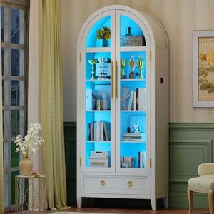 HNEBC Book Shelf with LED Lights, Arched Display Case with Storage Cabinet, Smart File Cabinet with Glass Door, Curio Cabinet with Solid Wood Legs for Home Office/Bedroom Furnniture-White