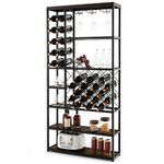 TANGZON 27 Bottle Wine Rack, 6 Tier Freestanding Wine Bakers Rack with Glass Holder & Anti-toppling Device, Floor Wine Display Shelves Bar Cabinet for Home Kitchen Dining Living Room, Rustic Brown