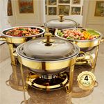Chafing Dishes for Buffet, 4 Pack 5QT Round Stainless Steel Chafing Dish Set for Home Parties, Christmas Gatherings, Catering Events Complete Buffet Warmer Set (Golden, 4PACK)