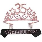 35th Birthday Gifts for Women, 35th Birthday Tiara and Sash, Happy 35th Birthday Party Supplies, Dirty 35 Glitter Satin Sash