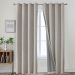 Joydeco 100% Blackout Linen Curtains 108 Inches Long 2 Panels, Thermal Insulated Burlap Curtain & Drapes, Grommet Room Darkening Textured Curtains for Bedroom Living Room (52x108 inch,Greyish White)