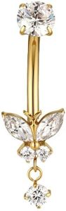 RIYSGHNQ G23 Titanium Belly Button Ring 14G Internally Threaded Navel Piercing Jewelry 18K Gold Plated Cubic Zirconia Navel Bar for Women Men (Gold-TI12)