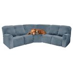 MINGPINHUIUS 7 Piece Velvet Stretch Recliner Corner Sofa Cover L Shape Sectional Couch Covers Soft Elastic Sofa Slipcover Furniture Protector for Living Room (Grey blue, 5 Seat Recliner Cover)