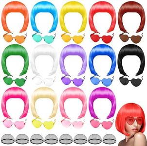 PLULON 14 Pieces Colorful Wigs, Party Wigs and Sunglass Set, Neon Short Bob Wig Sunglass Pack Costume Colorful Cosplay Wig Daily Party Hairpieces Bachelorette Halloween Costume
