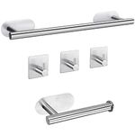 Self Adhesive Towel Rail, JiGiU 5 Pieces Bathroom Accessories Kit 16 inch/40cm Wall Mounted Towel Holder Toilet Paper Holder & 3 Towel Hook 304 Stainless Steel Bath Hardware Hand Towel Bar No Drilling