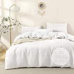 JELLYMONI Bright White Duvet Cover Queen Size - 3 Pieces Soft and Breathable Microfiber Knitted Jacquard Waffle Weave Striped Comforter Cover with 8 Corner Ties & Zipper Closure