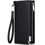 Huztencor Long Wallet Genuine Real Leather RFID Blocking Men Checkbook Cover Holder Passport Travel Wallet Western Zipper Strap Carbon Fiber Black