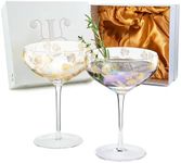 Vintage Gold Floral Decal Champagne Coupe | Set of 2 | 13 OZ, Dancing Golden Flower Etched Design, Floral Cocktail Glassware - Martini, Champagne, Sidecar, Wine - Regal Vine Leaf Design, Gifts for Her