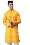 Majestic Man Cotton Mandarin Collar Ethnic Motifs Printed Long Kurta For Men (Large, Haldi, Yellow)