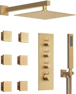 GRANDJOY Shower System with Body Jets, 12 Inch Wall Mount Rainfall Faucet Set with Handheld Sprayer & 6 Massage Body Jets, Contain Thermostatic Shower Valve, Brushed Gold