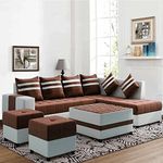 CASASTYLE - Stylio 8 Seater RHS L Shape Sofa Set with Centre Table & 2 Puffy Fabric (Brown-Light Grey)