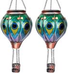 OUISJYER 2PC Hot Air Balloon Solar Lantern with 2PC Shepherd Hook, Flickering Flame Hanging Solar Lanterns Outdoor Lights Waterproof Lanterns for Garden Patio Yard Party Decor(Peacock Feather)