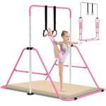 EVERYMILE Gymnastics Bars With Self-Inflating Mat,50mm Thick Inflatable Pad No Air Pump Needed Gymnastics Equipment for Home,Adjustable Height Folding Horizontal Bar with Rings Pink