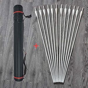 12 Pieces Archery 32 Inch Carbon Arrow Hunting Targeting Arrow Spine 500 Practice Arrow with Removable Tips 3" White Vanes and Arrow Quiver for Recurve Compound Bow (Arrows and Quiver)