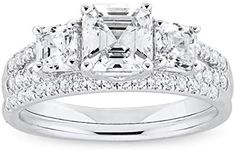 .925 Sterling Silver & Asscher Cut Cubic Zirconia 3 Stone Cathedral Style Engagement Ring and Half Eternity Style Wedding Band Bridal Set - Size 5