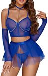 Avidlove Women's 5 Piece Lingerie Set Corset Babydoll Lingerie Skirt with Arm Sleeves and Thong Lace Boned Bra and Panty Set Blue