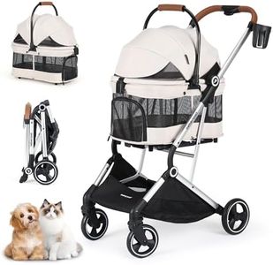 Beberoad Pets T3 PRO Pet Stroller Dog Cat Stroller for Small Medium Dogs Cats, 4 Wheels Travel Folding Carrier Waterproof Puppy Stroller with Pad, Canopy and Cup Holder, Beige