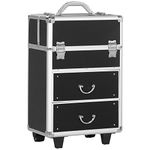 HOMCOM Rolling Makeup Train Case, Large Storage Cosmetic Trolley, Lockable Traveling Cart Trunk with Folding Trays, Swivel Wheels and Keys, Black