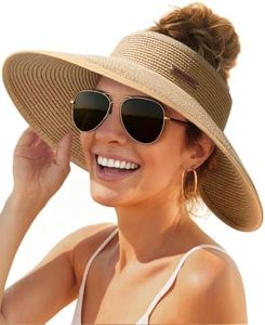 FURTALK Sun Hats for Women Wide Brim Beach Hat Straw Visor Ponytail Summer UV Packable Foldable Beach Vacation Essentials Khaki