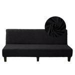 Surwin Armless Sofa Bed Cover, Non Slip Stretch Jacquard Leaf Winter Plush Futon Slipcover Protector for 2 Seater/3 Seater Folding Sofa Bed without Armrests (190-210cm,Black)