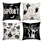 Halloween Pillow Covers 18x18 Set of 4 Ghost Pumpkin Spider Web Decorative Throw Pillows Cover White Black Spooky Pillow Cases Home Outdoor Couch Sofa Cushion Covers for Halloween Decor (18 by 18)