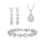 EleQueen Water Drop Pendant Necklace Long Dangle Earrings Tennis Bracelet Set, Sparkle Cubic Zirconia Silver Plated Teardrop Wedding Jewelry Sets for Bride Bridesmaid, Christmas/Valentine's Day/Mother's Day/Birthday Gift for Wife/Girlfriend/Mom/Yourself