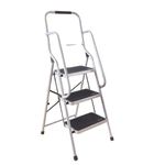 3 Step Folding Safety Ladder with Handrail Silver/Red | Anti-Slip Treads & Feet H146 x W9 x D51cm (Silver)