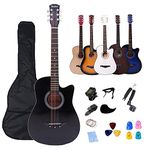 Rosefinch 38 inch Acoustic Guitar for Beginner Child Adult 3/4 Size Smaller Size Guitars Starter Kit W/Bag Strap Pick Capo Guitar 6 Steel String Winder(38'' Black）