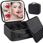 Makeup Bag with LED Mirror, Travel Makeup Bag, Makeup Bag Organizer with Adjustable Dividers Makeup Brushes Storage Organizer, Rechargeable Vanity Mirror with 3 Color Lights (Black)