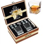 Whiskey Stones Gift Set - Heavy Base Glasses for Scotch Bourbon Drinker- Whisky Rocks Chilling Stones in Wooden Gift Box - Burbon Gift Set for Men - Idea for Birthday, Anniversary, Fathers Day