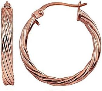 Hoops & Loops Rose Gold Flash Sterling Silver 3mm Twist Design Polished Hoop Earrings, 20mm